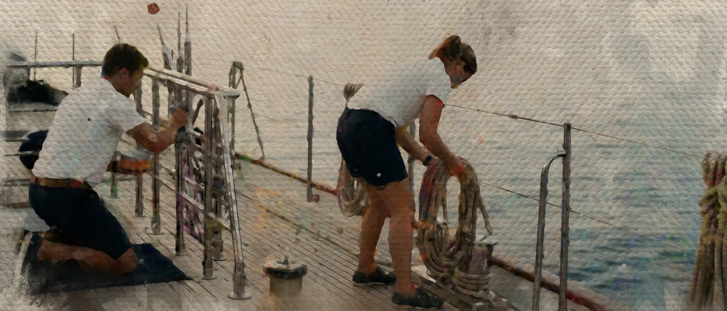 Painted treatment of three superyacht crew working on deck in whites — one kneeling at the rail, two coiling line — with the sea beyond.